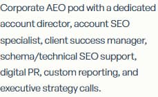 공식 사이트의 상위 상품 설명. 전담 account director, account SEO specialist, client success manager, 스키마·기술 SEO 지원, 디지털 PR이 나열돼 있다.