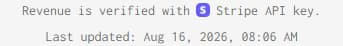 «Revenue is verified with Stripe API key. Last updated: Aug 16, 2026, 08:06 AM»이라고 적힌 줄.