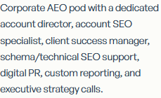 The official site's top tier description, listing a dedicated account director, account SEO specialist, client success manager, schema and technical SEO support, and digital PR.