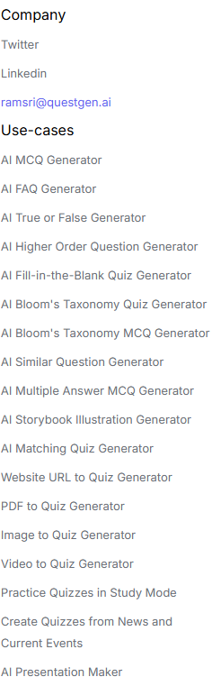 The QuestGen footer listing 18 use-case pages such as “PDF to Quiz Generator” and “Video to Quiz Generator.”