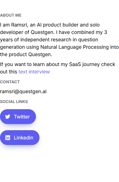 The QuestGen team page, where the founder describes himself as the solo developer and mentions three years of question-generation research.